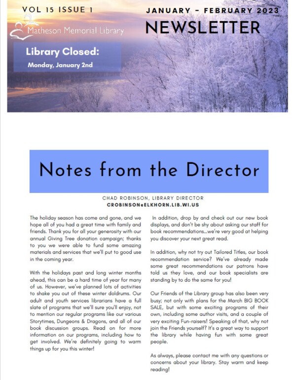 February Library Newsletter The January/February 2023 Library Newsletter is NOW Available ...